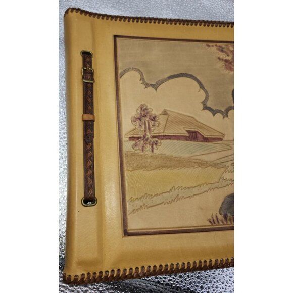 Vtg Handcrafted Leather Photo Album Embossed Scenic Cover & Buckle Strap Closure - Picture 5 of 11